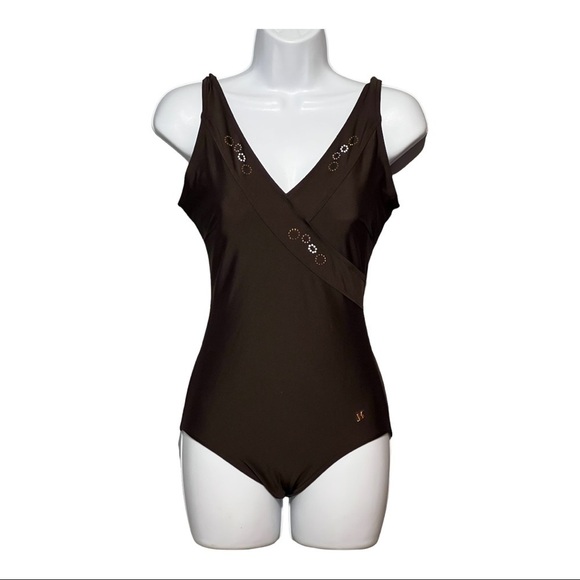 Janine Robin Swarovski Jeweled French One-Piece Swimsuit Sz 10 Brown Low-Back - Picture 6 of 7